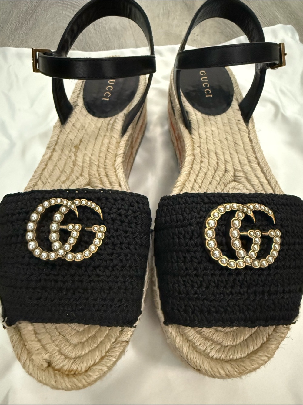 Gucci Black Raffia Espadrille Sandals with Gold Crystal Double G - Picture 5 of 14